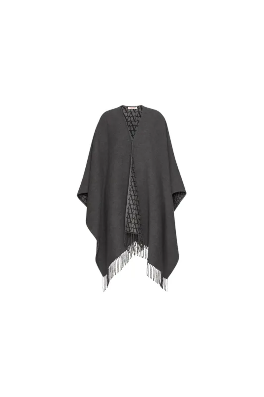 Valentino Asymmetrical Wool Poncho With Fringed Edge In Grey made by Valentino Garavani