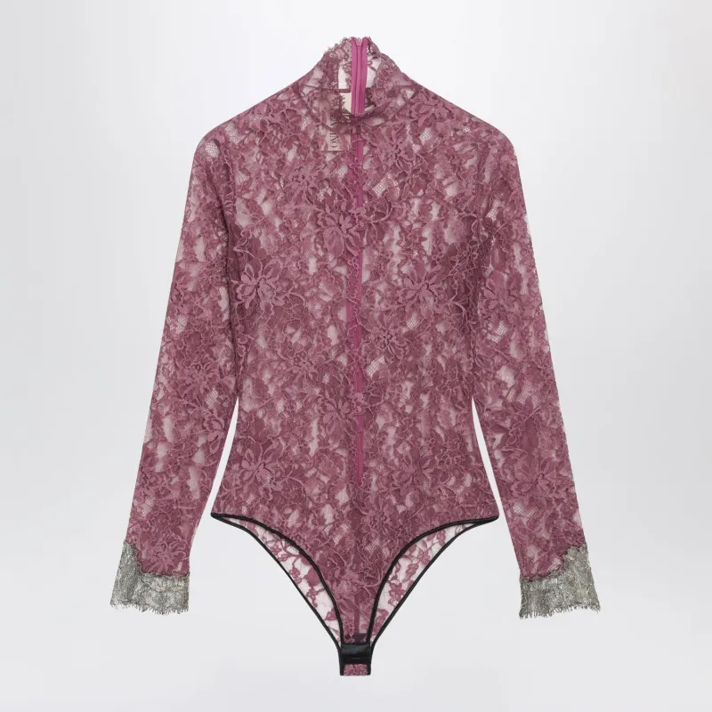 BURGUNDY LACE BODYSUIT WITH CONTRASTING CUFFS made by Valentino Garavani