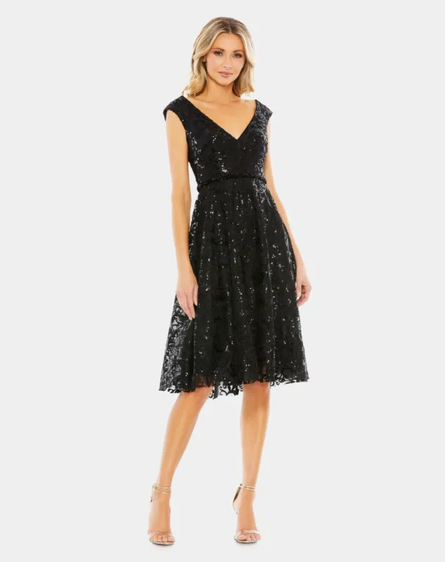 Sequined V Neck Cap Sleeve Dress sold by Lord & Taylor