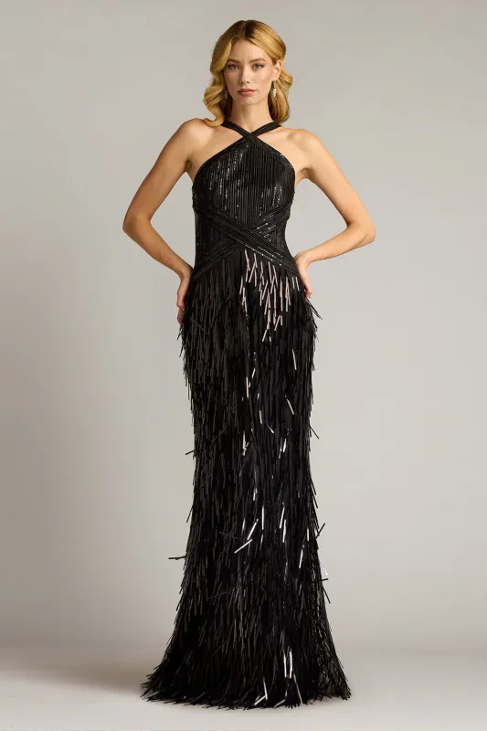 Ares Sequin Fringe Halter Gown made by Tadashi Shoji