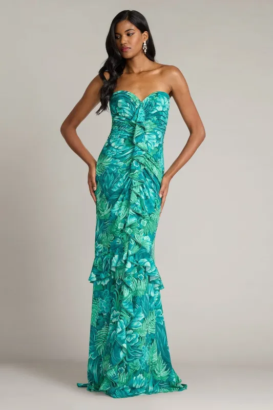 Cleta Foliage Print Cascading Ruffle Gown made by Tadashi Shoji