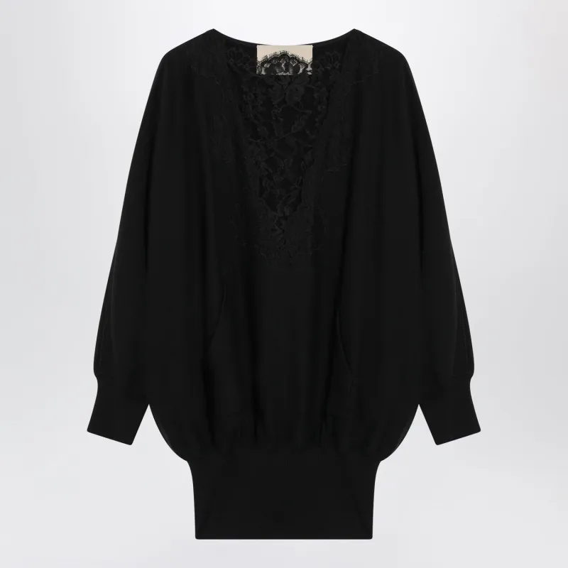 BLACK SWEATSHIRTSTYLE MINI DRESS WITH LACE INSERTS made by Valentino Garavani