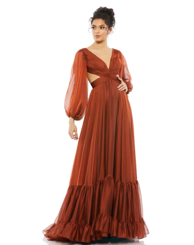 Pleated Cut Out Long Sleeve Lace Up Tiered Gown sold by Lord & Taylor