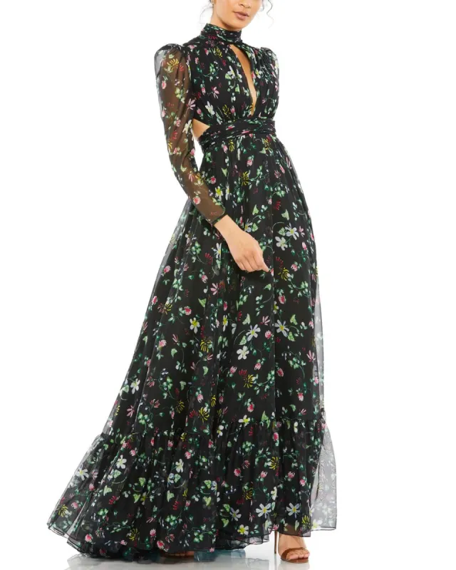 Long Sleeve High Neck Chiffon Floral Gown sold by Lord & Taylor