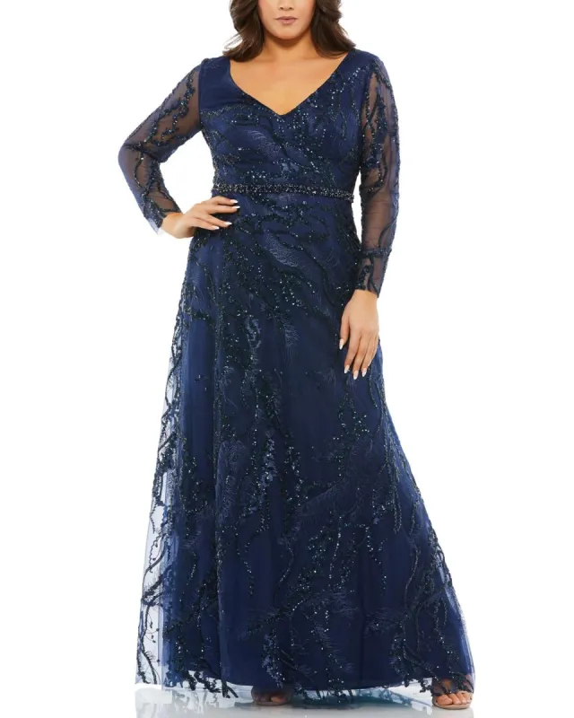 Long Sleeve Beaded V Neck Gown sold by Lord & Taylor