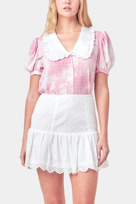 Swiss Dot Tie Dye Ruffle Collared Puff Sleeve Blouse sold by Lord & Taylor