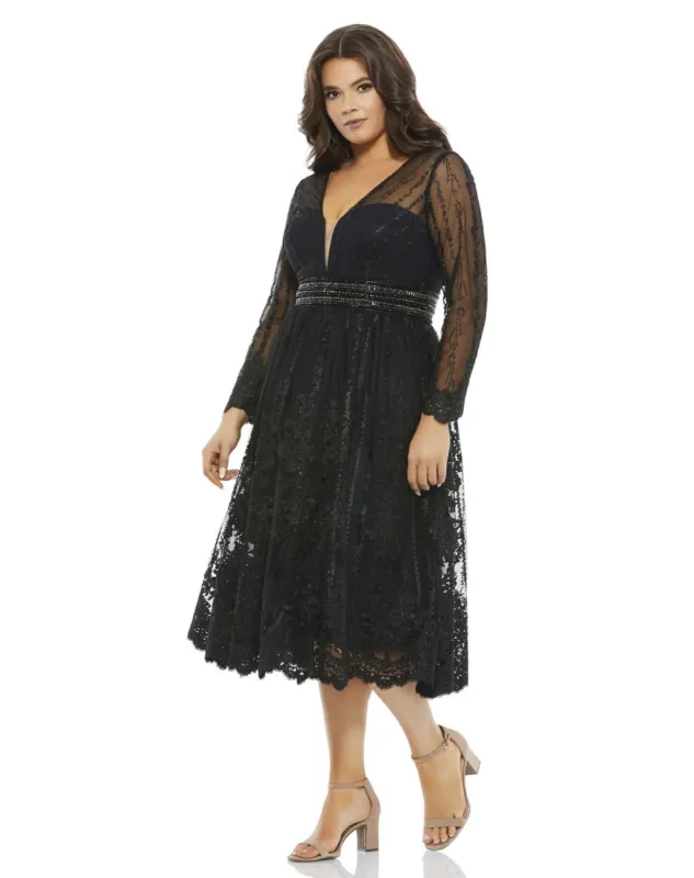 Lace Illusion Long Sleeve Plunge Neck Midi Dress sold by Lord & Taylor