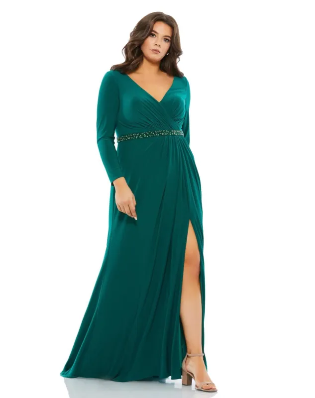 Long Sleeve V Neck Jersey A-Line Gown sold by Lord & Taylor