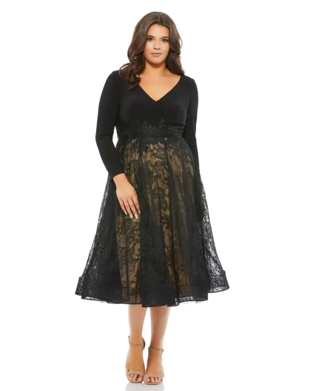 Lace Overlay Long Sleeve A-Line Midi Dress sold by Lord & Taylor