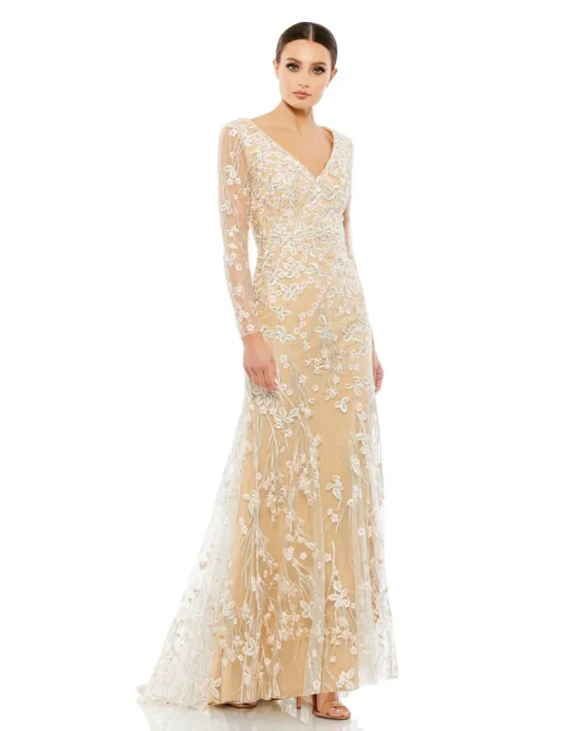 Embroidered V Neck Long Sleeve Trumpet Gown sold by Lord & Taylor
