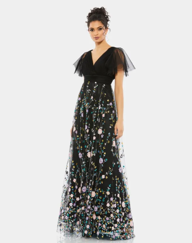 Embellished Illusion Butterfly Sleeve V Neck Gown sold by Lord & Taylor