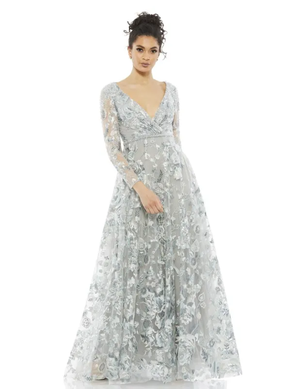 Embellished V Neck Illusion Long Sleeve A Line Gown sold by Lord & Taylor