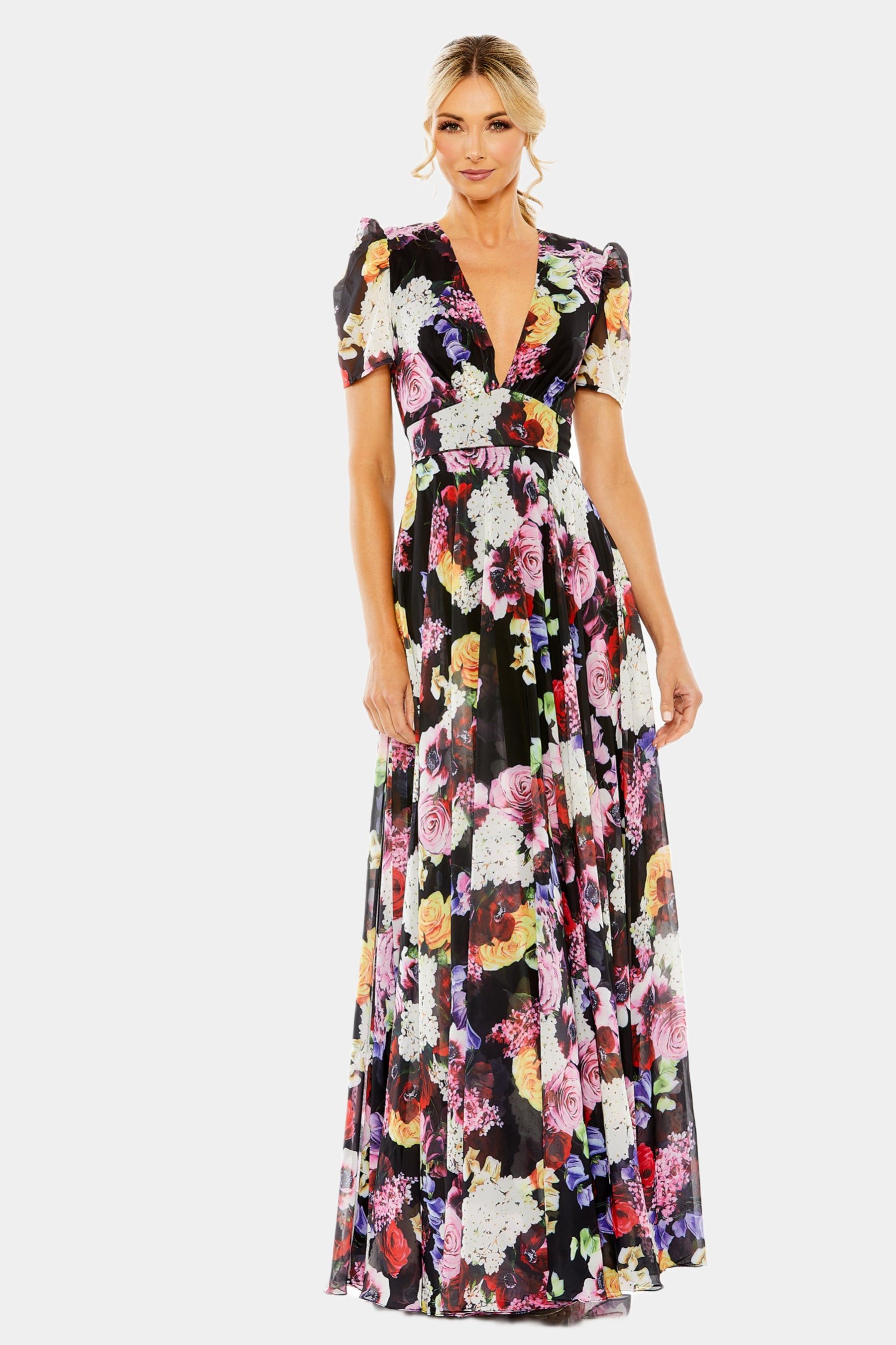 Floral Print Mesh Cap Sleeve Gown sold by Lord & Taylor