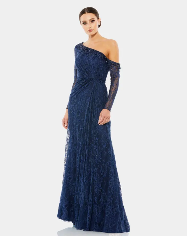 Draped Jewel Encrusted Lace Drop Shoulder Gown sold by Lord & Taylor