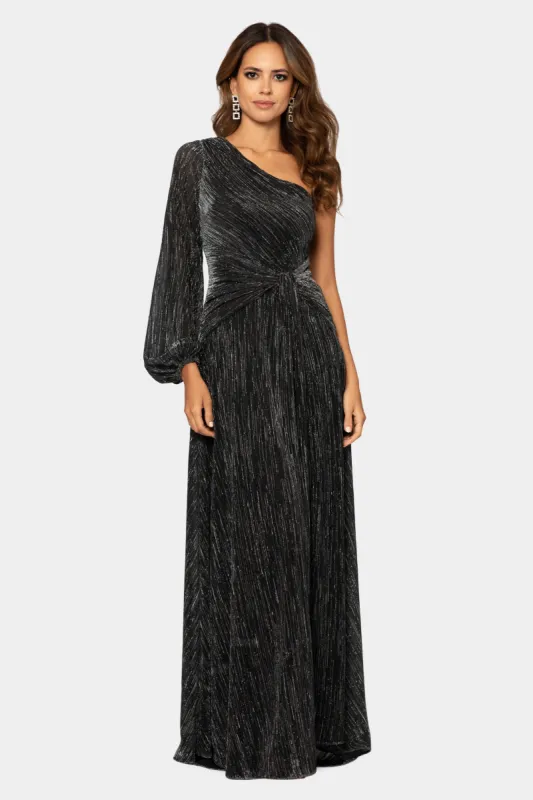 Long One Shoulder Long Sleeve Crinkle Metallic made by Betsy & Adam