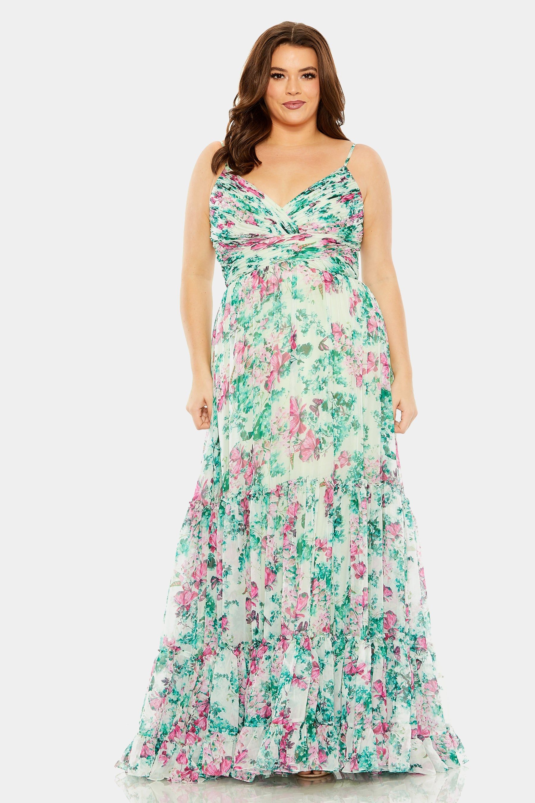 Floral print tiered ruched gown sold by Lord & Taylor