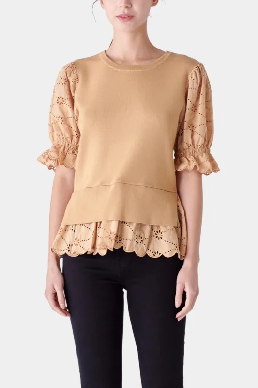 Eyelet Mixed Media Knit Top sold by Lord & Taylor