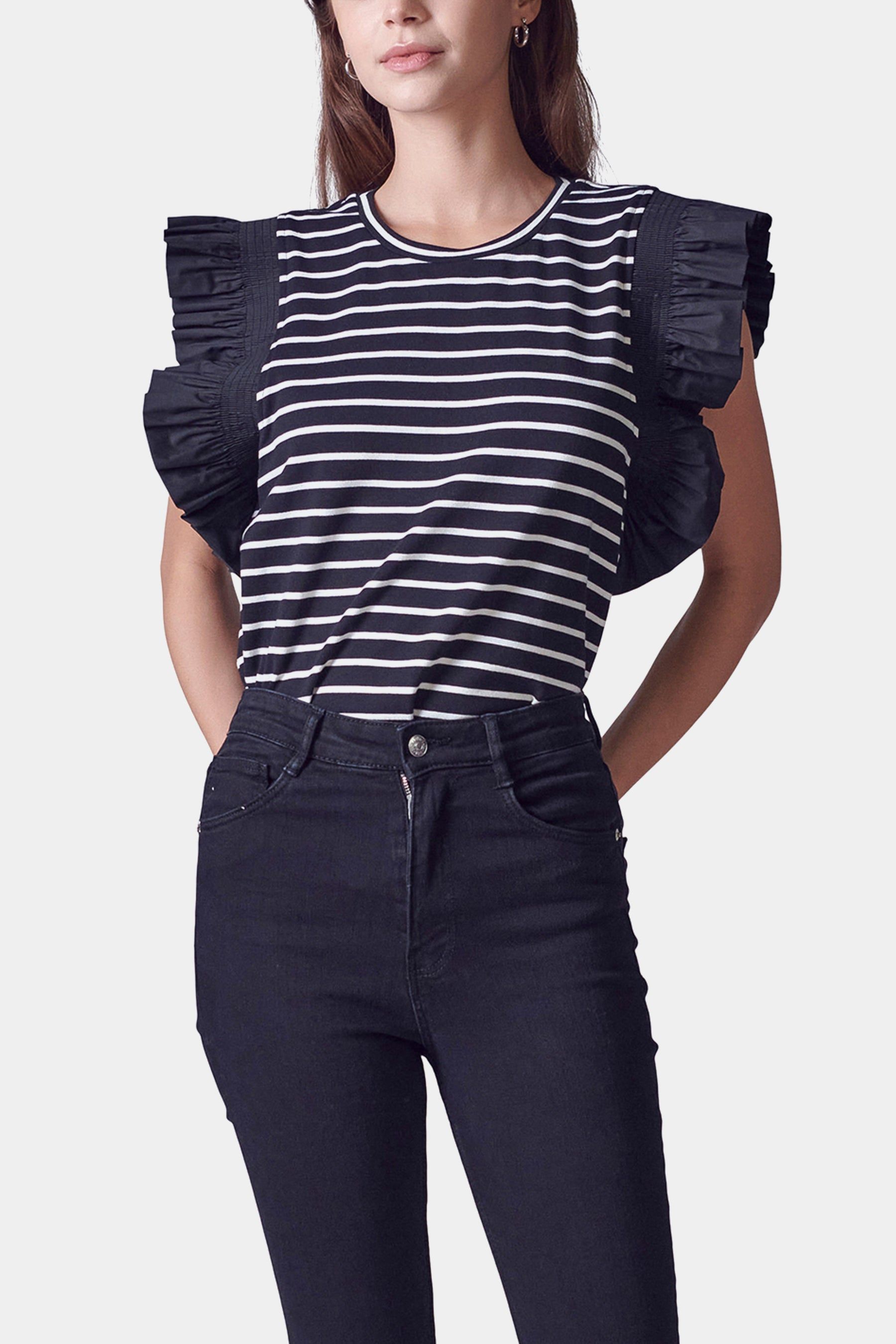 Striped Shirred Sleeve Knit Top sold by Lord & Taylor