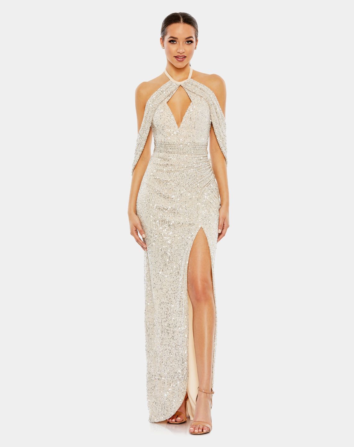 Sequined Draped Sleeveless Keyhole Cowl Back Gown sold by Lord & Taylor