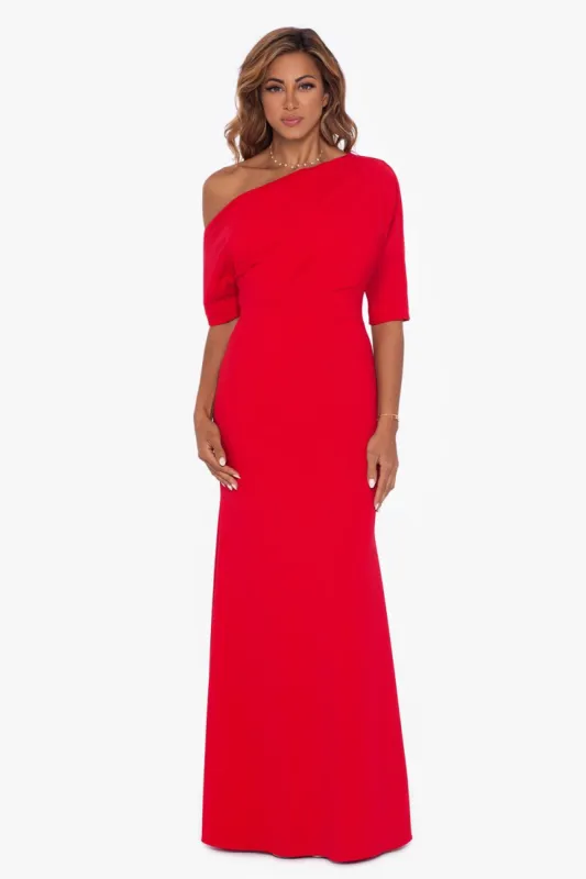 Long Scuba Crepe Off The 1 Shoulder Drape, Asymmetrical Sleeve sold by Lord & Taylor