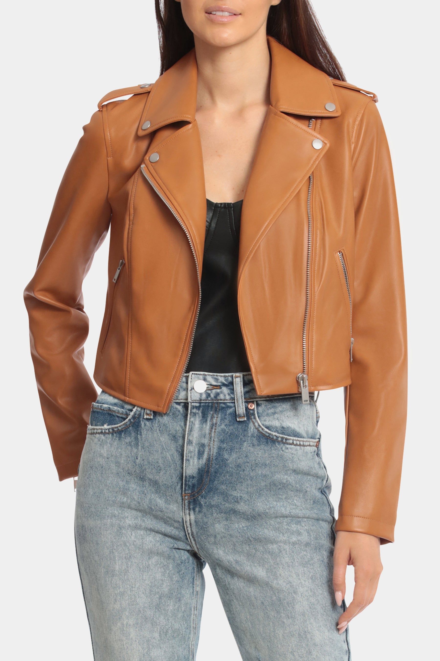 Cropped Faux Leather Biker Jacket sold by Lord & Taylor