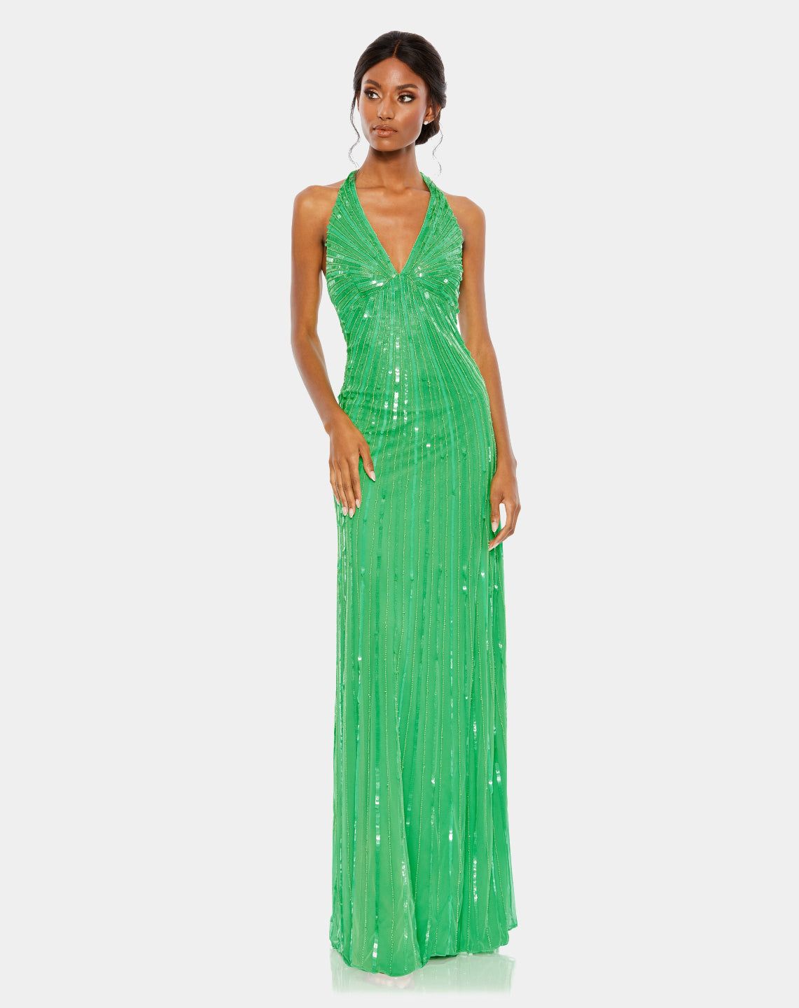 Sequined Halter Strap V Neck Column Gown sold by Lord & Taylor