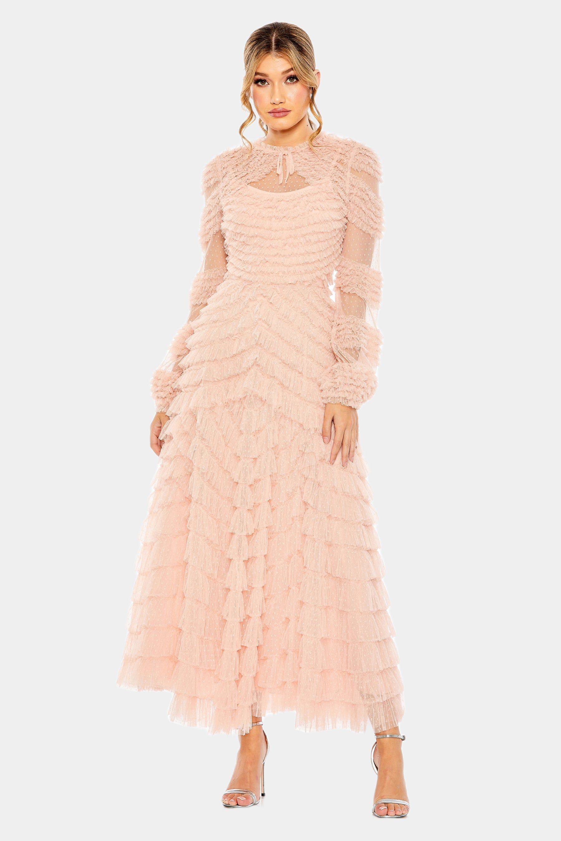 High Neck Puff Long Sleeve Ruffle Tiered Gown sold by Lord & Taylor