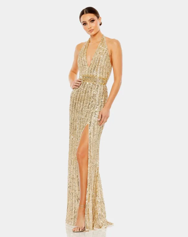 Sequined Halter Strap Trumpet Gown sold by Lord & Taylor