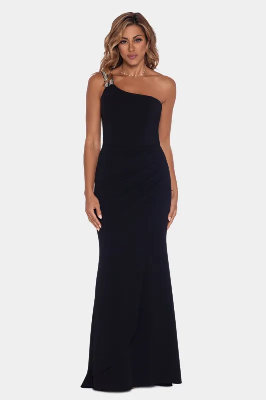 Long Scuba Crepe One Shoulder Rhinestone Dress sold by Lord & Taylor