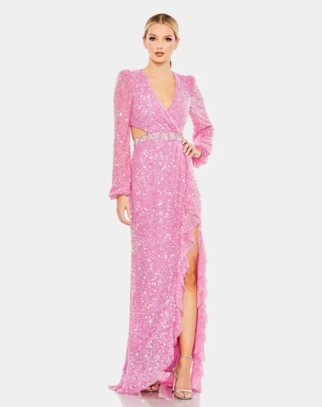 Sequined Faux Wrap Cut Out Puff Sleeve Gown sold by Lord & Taylor