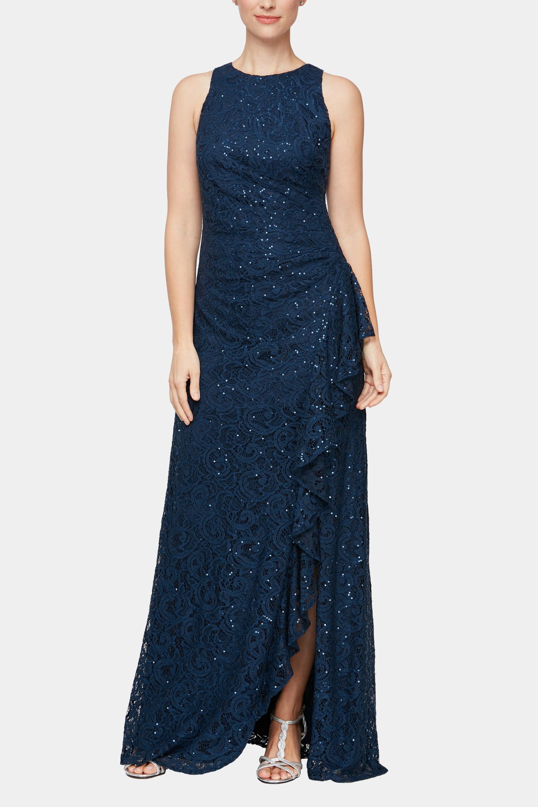 Long Sleeveless Cascade Ruffle Lace Dress sold by Lord & Taylor