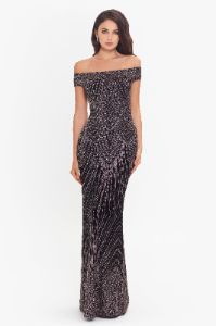 Long Off the Shoulder Deco Glitter Dress sold by Lord & Taylor