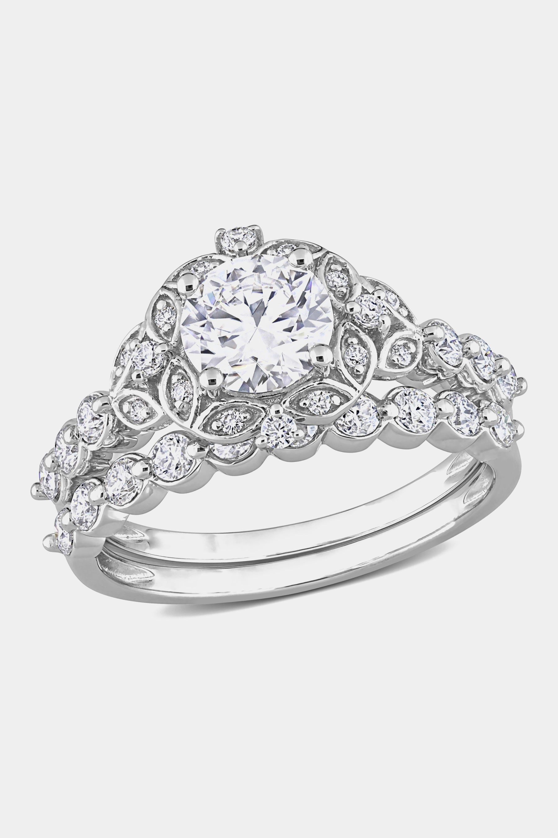 Moissanite Halo Vintage Bridal Ring Set in Sterling Silver sold by Lord & Taylor