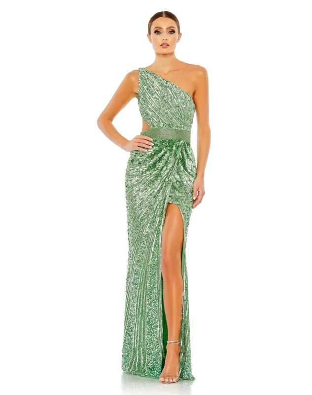 Sequined One Shoulder Draped Lace Up Gown sold by Lord & Taylor