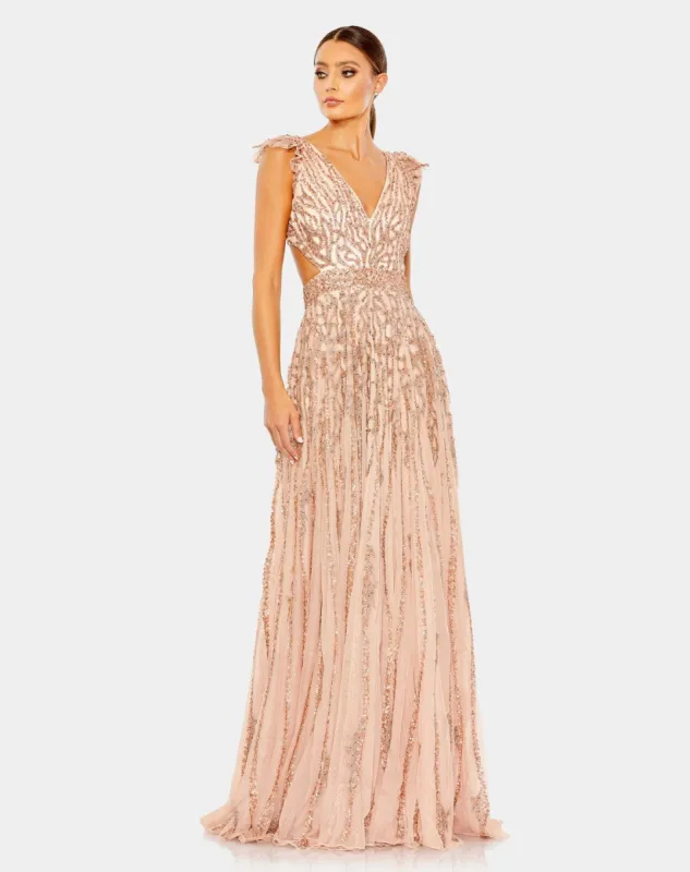 Sequined Flutter Cap Sleeve Cut Out A Line Gown sold by Lord & Taylor