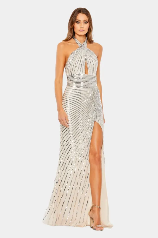 Embellished Keyhole Halter Strap Draped Gown sold by Lord & Taylor