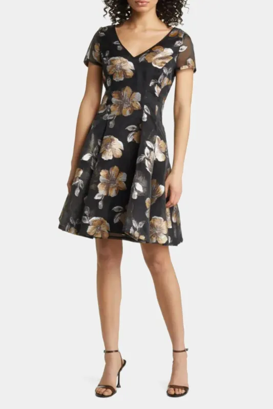 Metallic Floral Jacquard Fit and Flare Organza Dress sold by Lord & Taylor