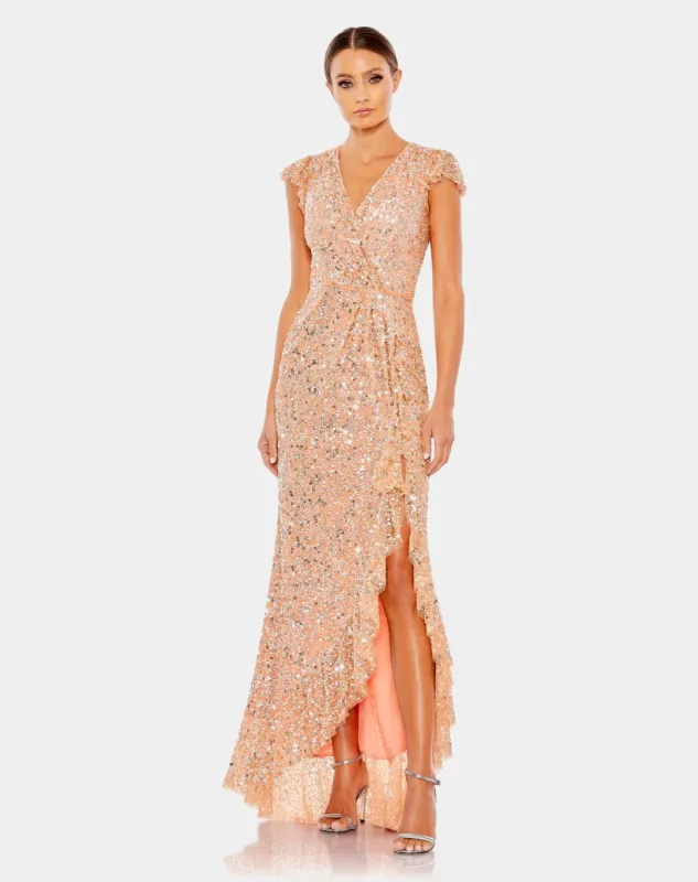 Sequined Faux Wrap Ruffle Cap Sleeve Gown sold by Lord & Taylor