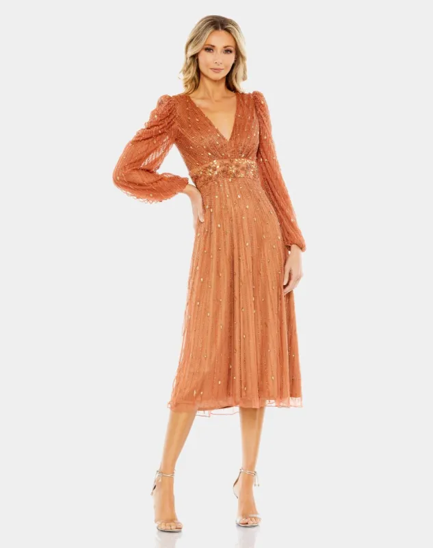 Hand Embellished V Neck Puff Sleeve A Line Dress sold by Lord & Taylor
