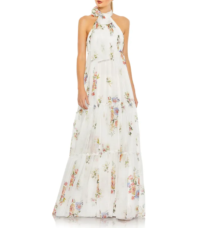 Floral Print Ruched Tiered High Neck Bow Gown sold by Lord & Taylor