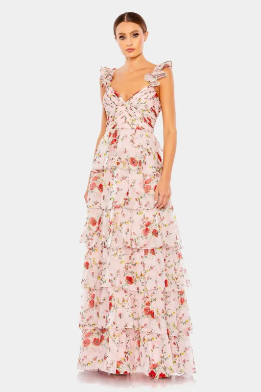 Ruffled Sleeveless Draped Tiered Floral Print Gown sold by Lord & Taylor