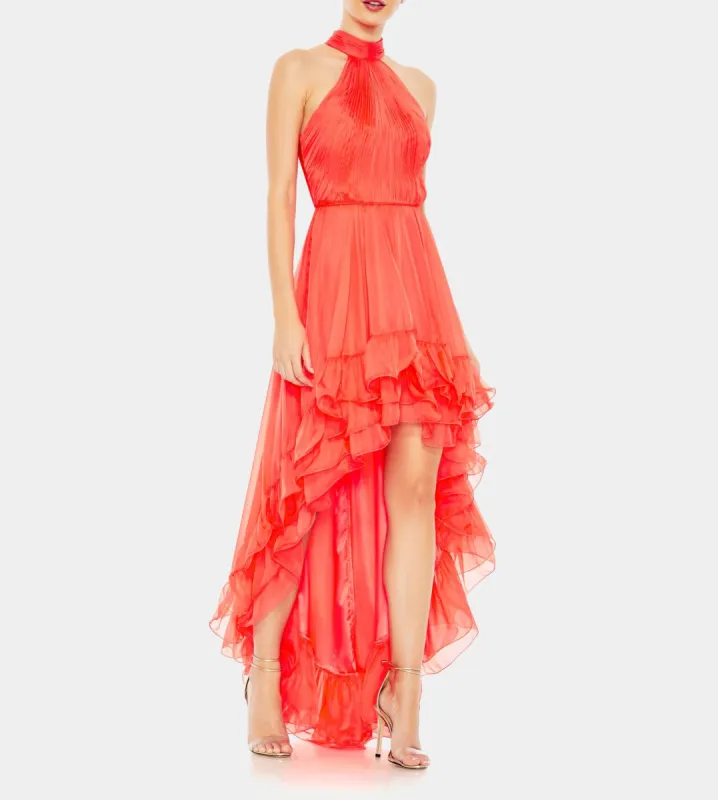 Ruffle Tiered High Low Pleated Halter Neck Gown sold by Lord & Taylor