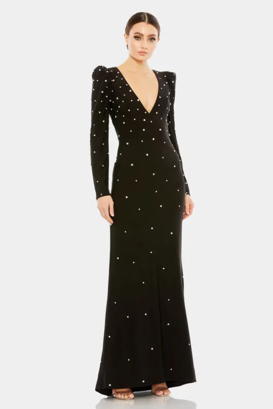 Rhinestone Encrusted Long Sleeve V Neck Gown sold by Lord & Taylor