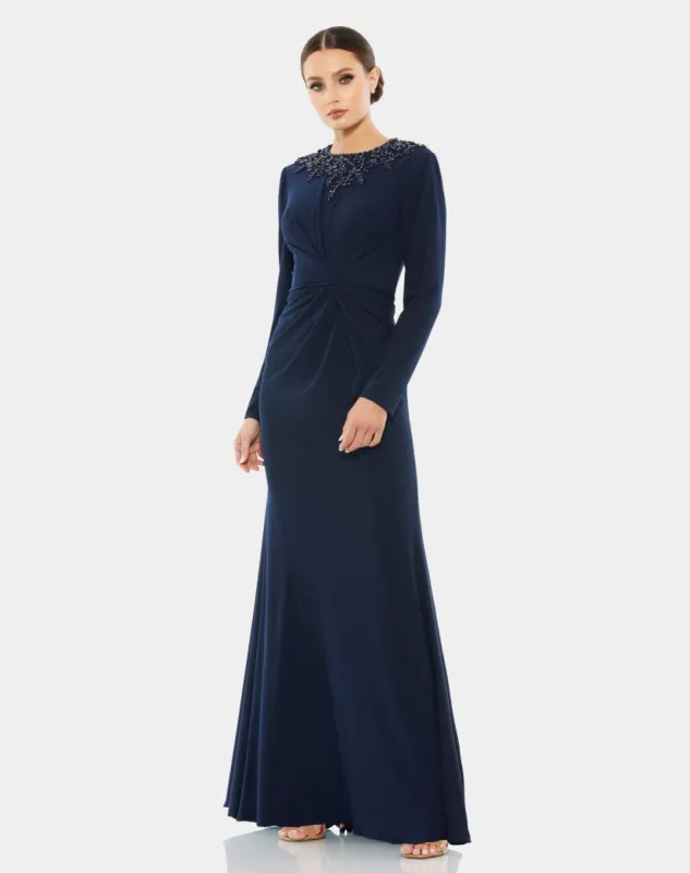 Beaded High Neck Front Twist Trumpet Gown sold by Lord & Taylor