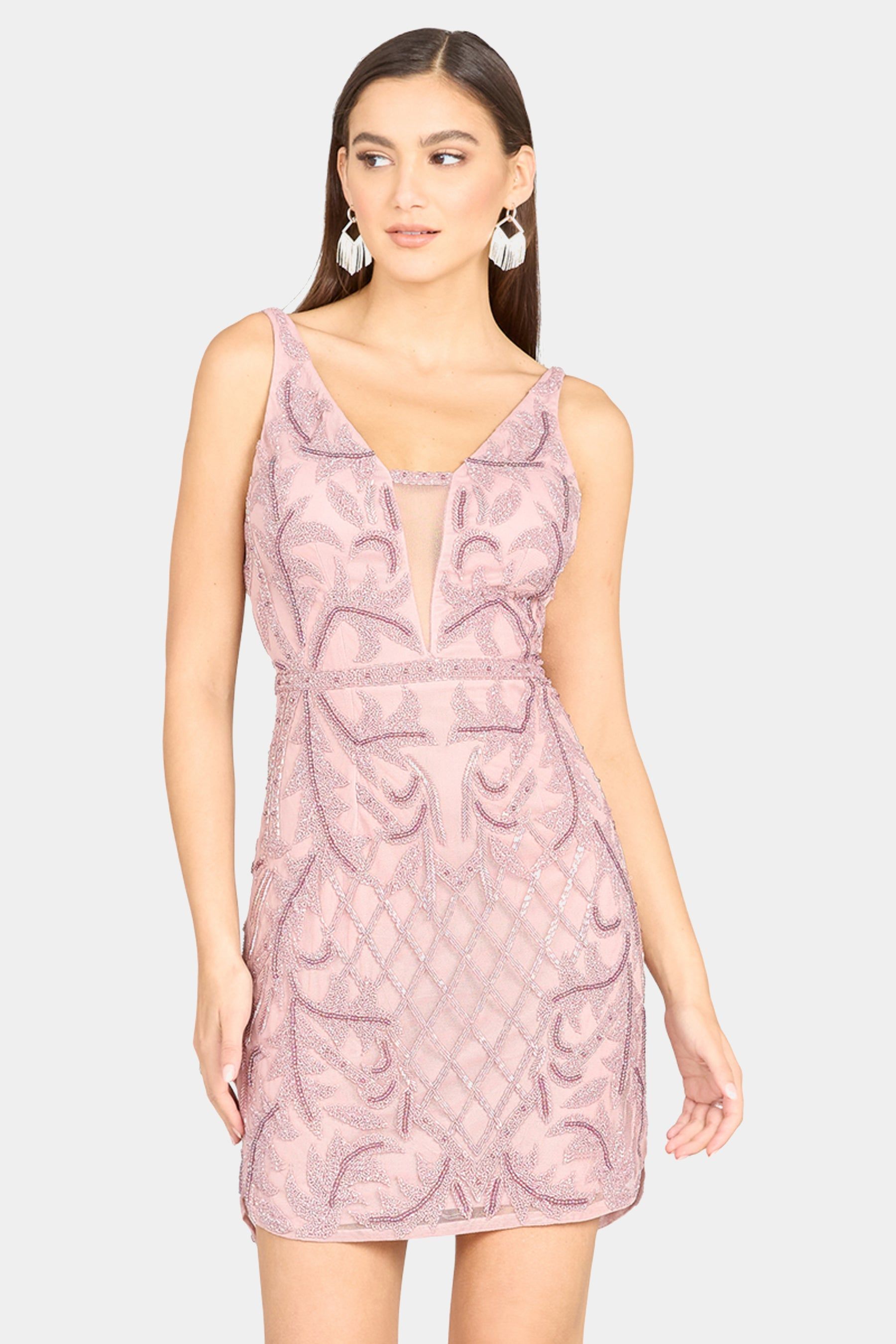 Deep V-Neck Beaded Mini Dress with Low Back sold by Lord & Taylor