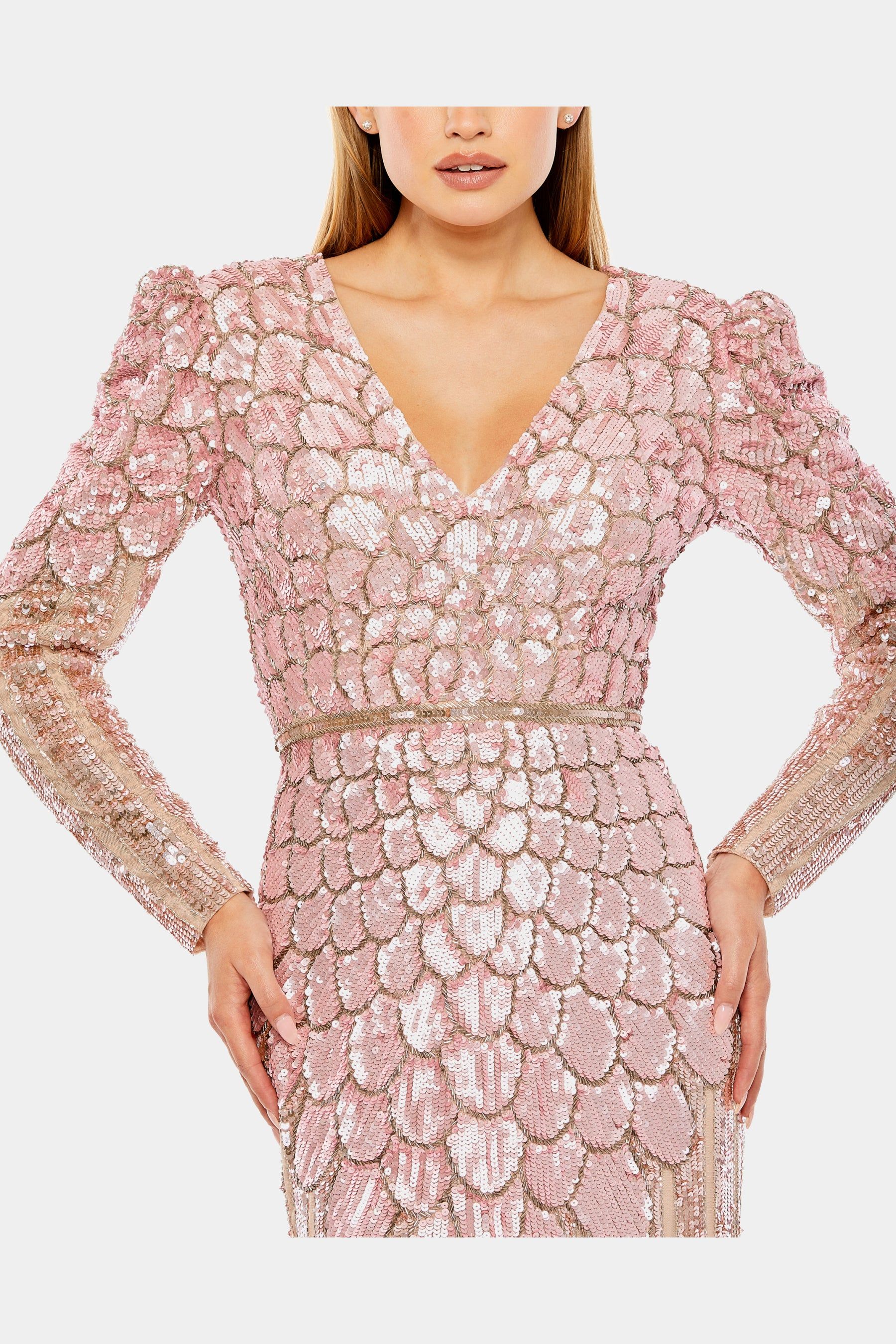 Sequined Long Sleeve V-Neck Gown sold by Lord & Taylor