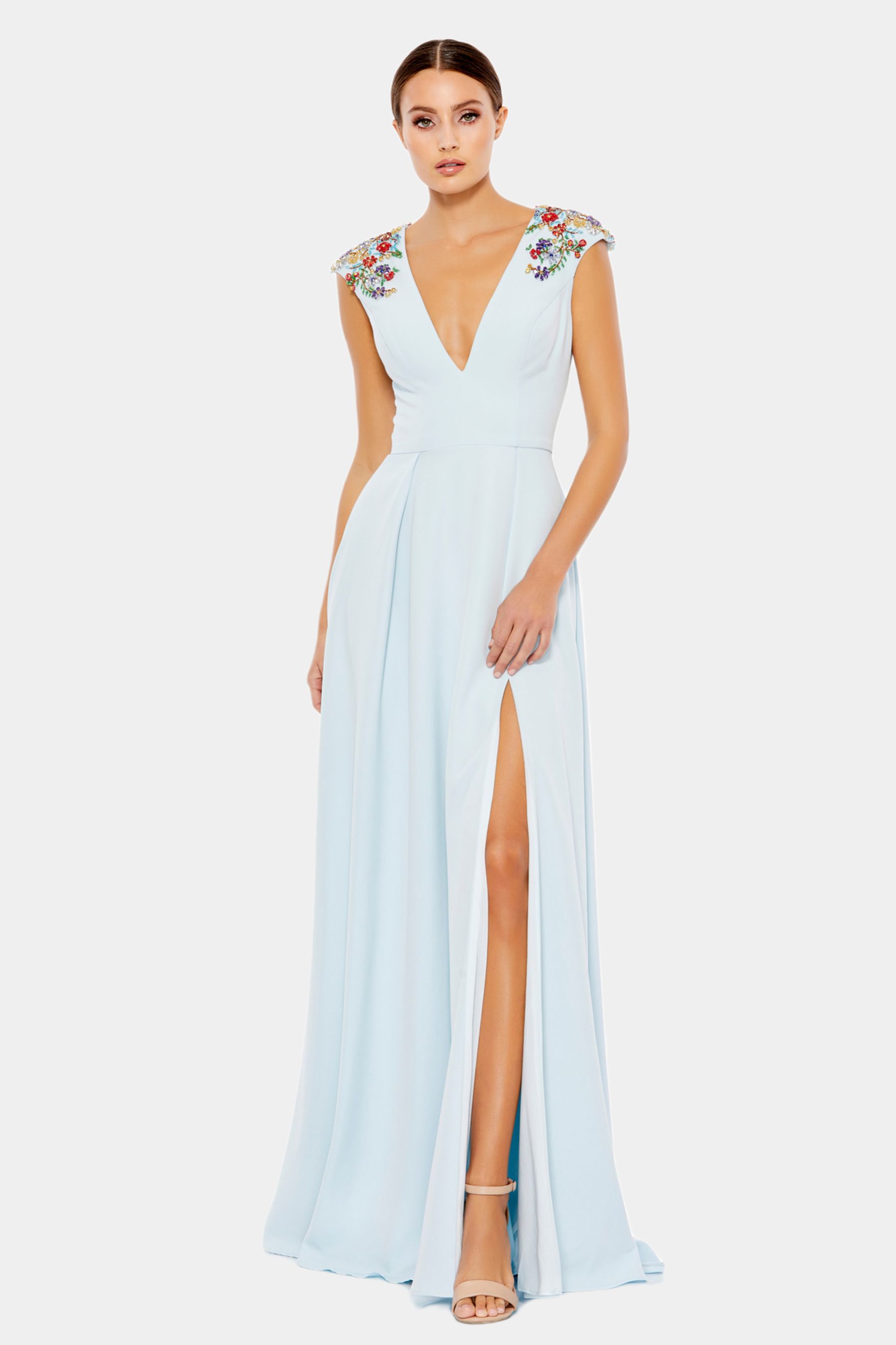 Beaded Cap Sleeve V Neck Gown sold by Lord & Taylor