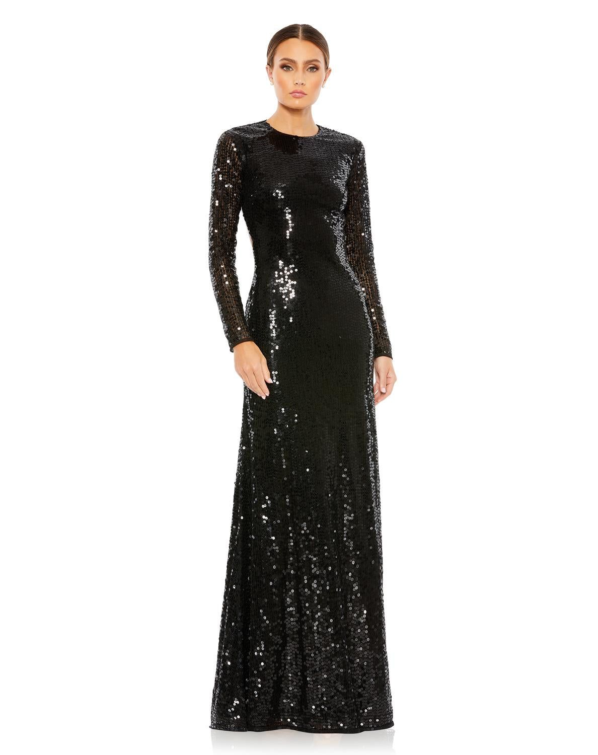 Sequined Long Sleeve High Neck Open Back Gown sold by Lord & Taylor