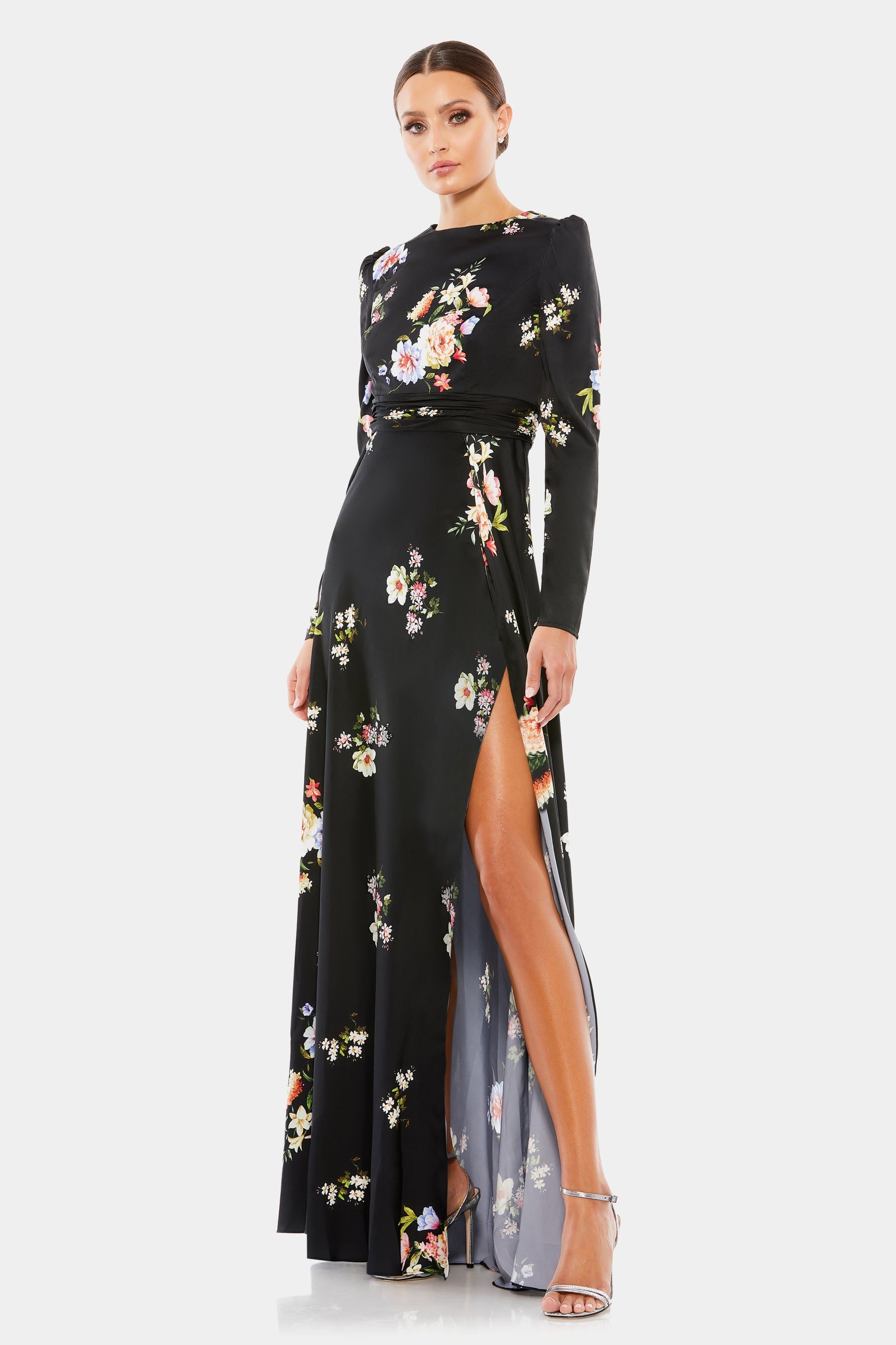 High Neck Long Sleeve Faux Wrap Gown sold by Lord & Taylor