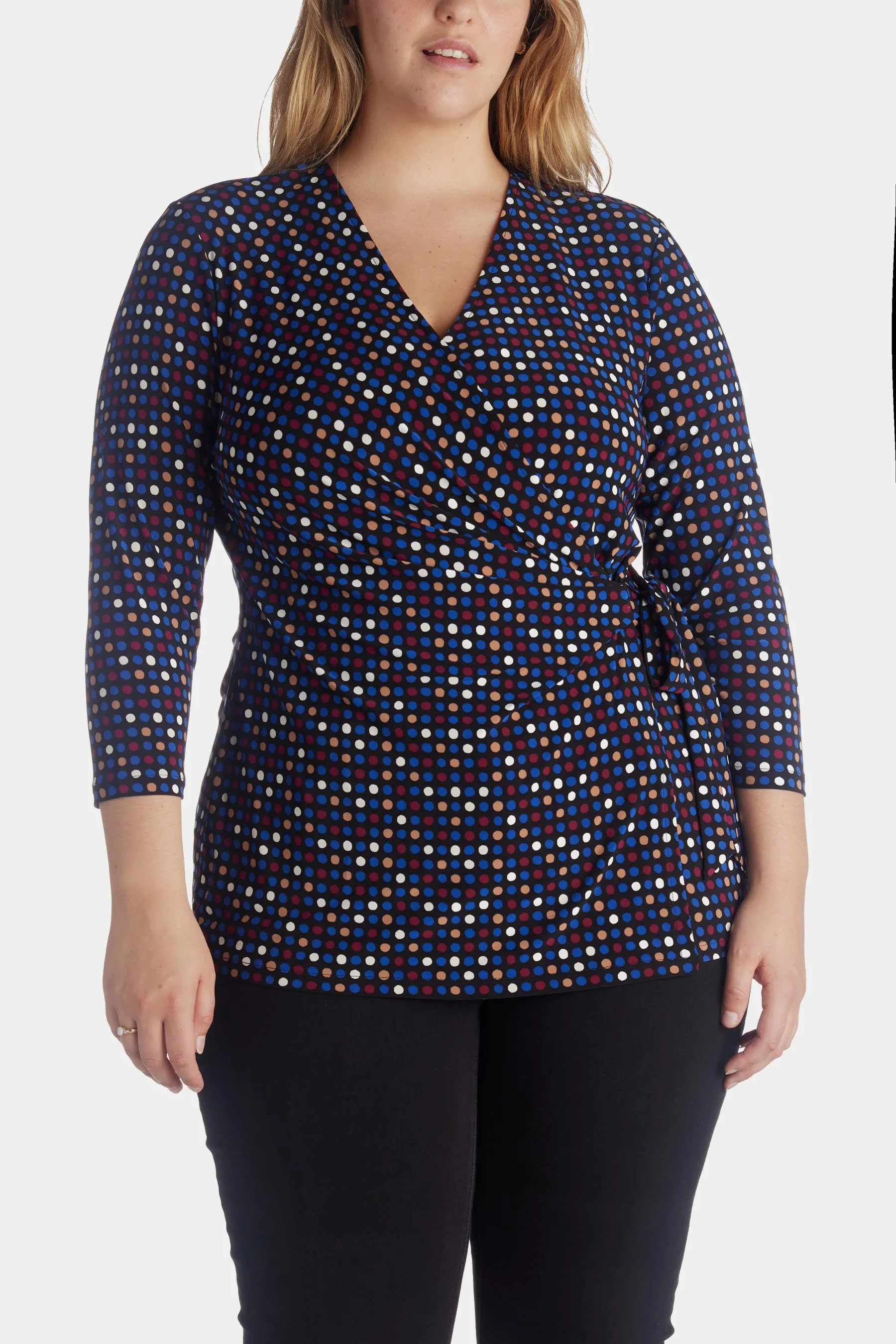 Pearly Dot 3/4 Sleeve Knit Faux Wrap Top sold by Lord & Taylor